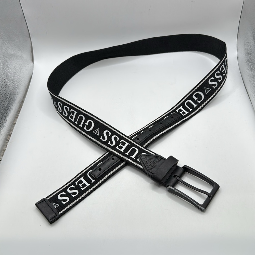 Guess Belt Black White Words Mens Size M 34 36 Faux Leather